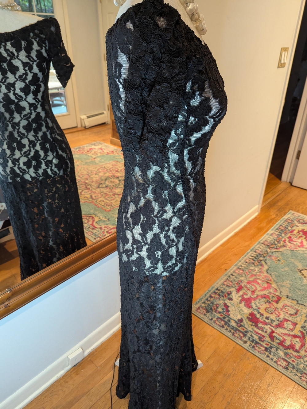 Betsey Johnson Vintage 90 Black lack Stretch Sheer Lace Maxi Dress - Picture 7 of 12